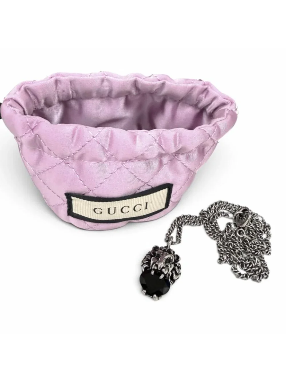 Gucci Lion Head Black Crystal Aged Pendant Silver Necklace